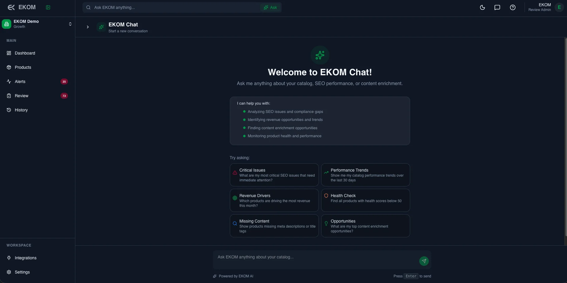 EKOM Chat assistant with suggested questions about critical issues, performance trends and missing content