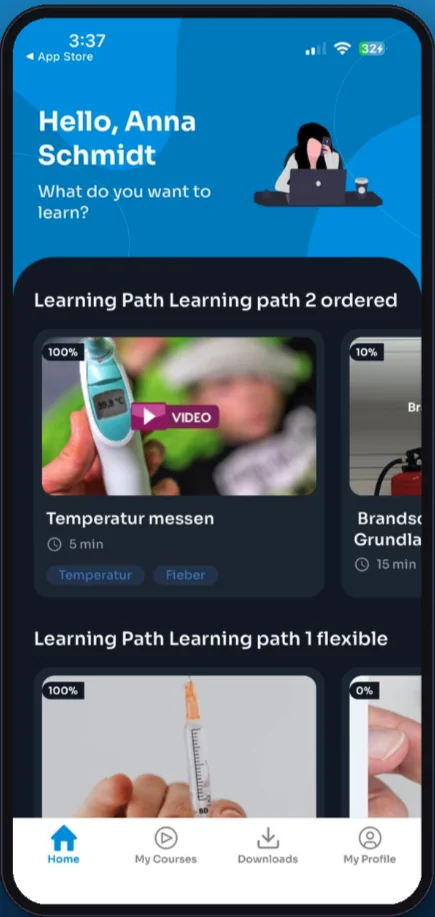 Elearnify mobile app home screen for a learner: learning paths with video courses, durations and progress, in an organisation's blue theme
