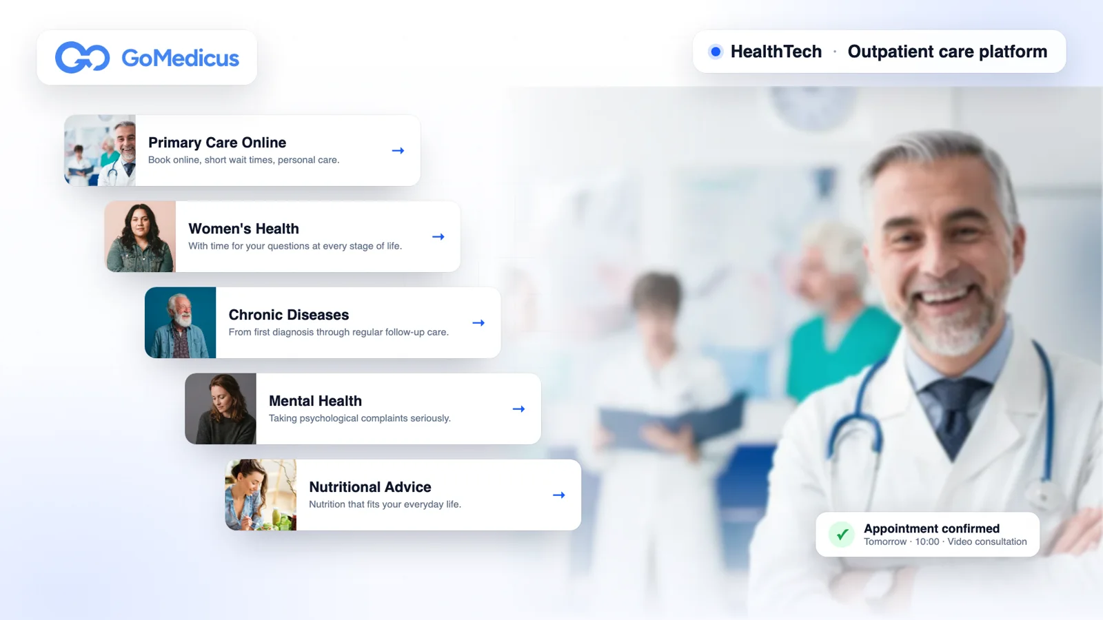 GoMedicus service tiles stepped like a staircase (primary care, women's health, chronic diseases, mental health, nutrition) next to a softly blurred doctor and an appointment confirmation
