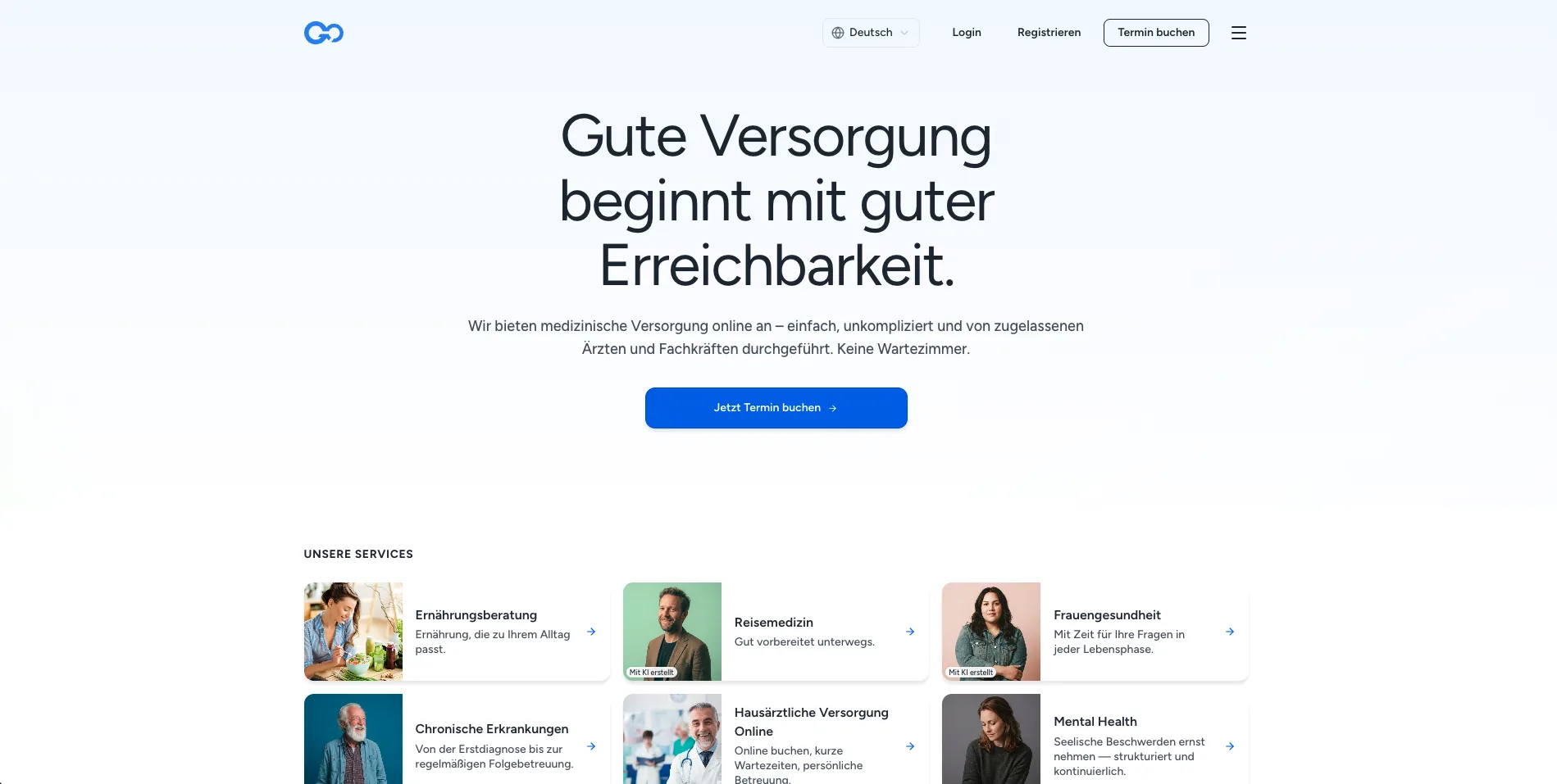 GoMedicus public landing page with the online booking entry point and the list of services