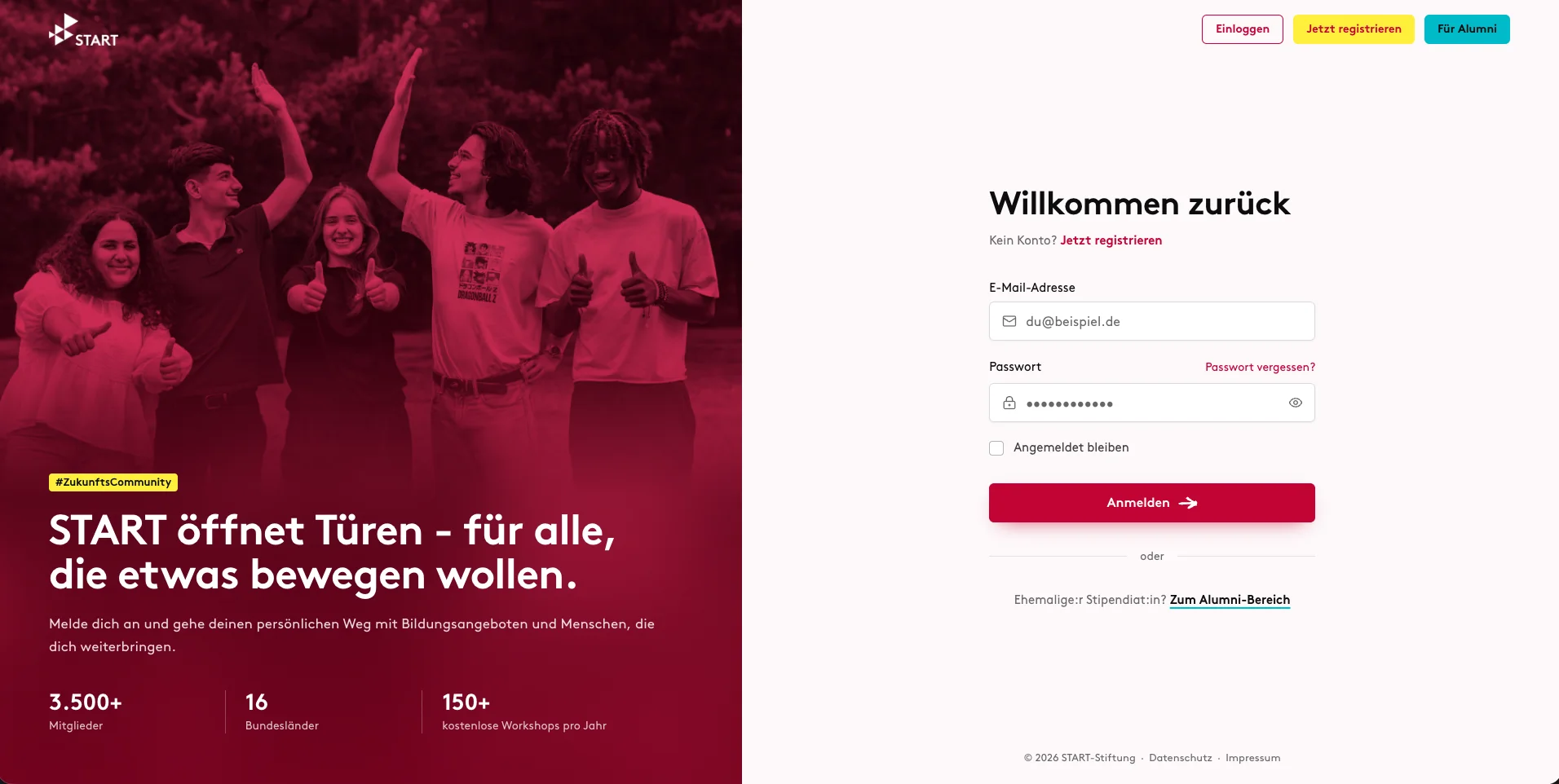 START Campus login page: the programme's crimson community photo with 3,500+ members, 16 federal states and 150+ free workshops a year